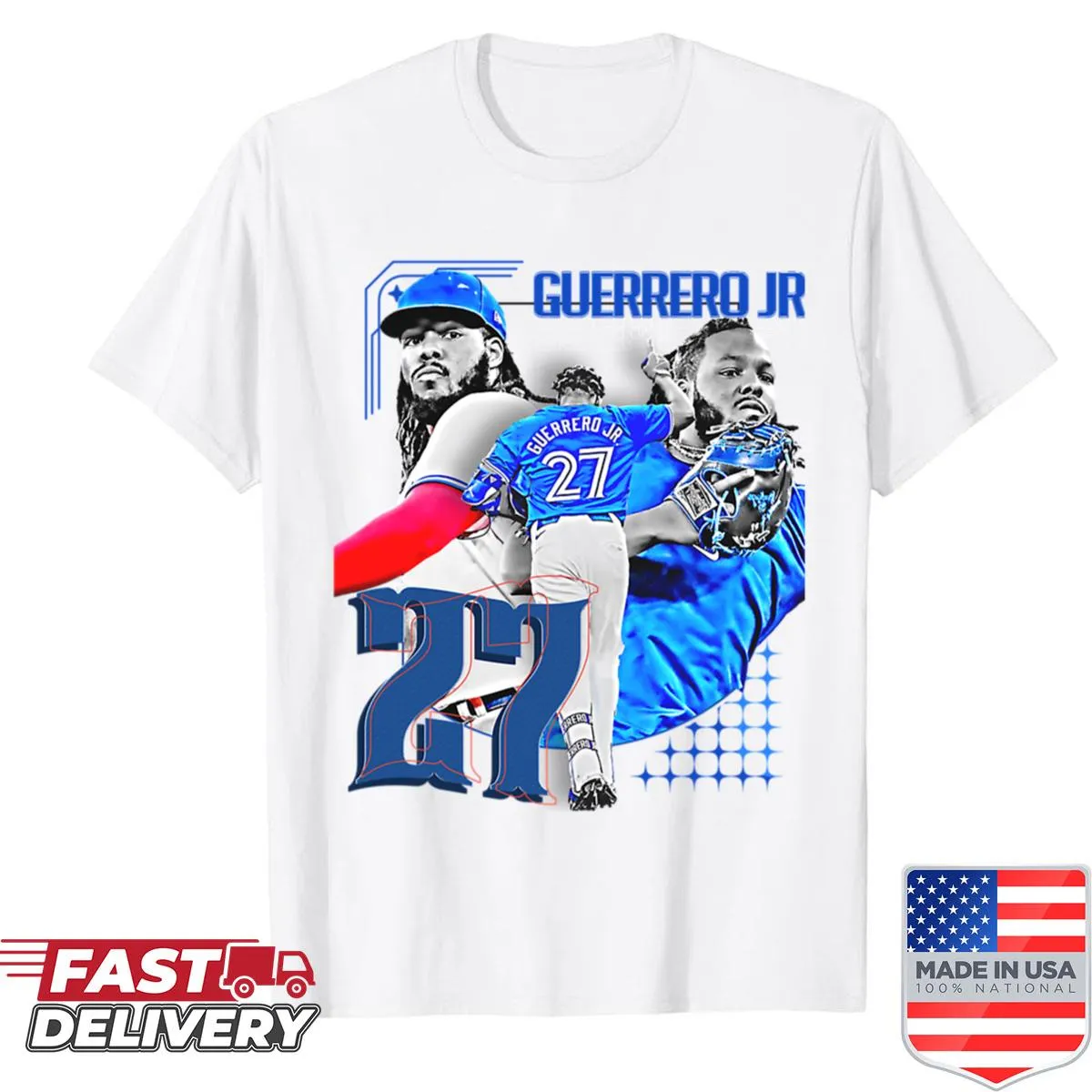 Illustration of baseball player V Guerrero Jr in action on a shirt