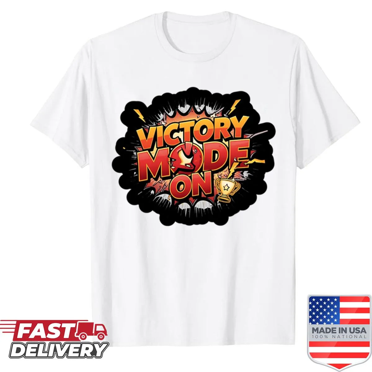 Motivational t-shirt with 'Victory Mode On' typography design