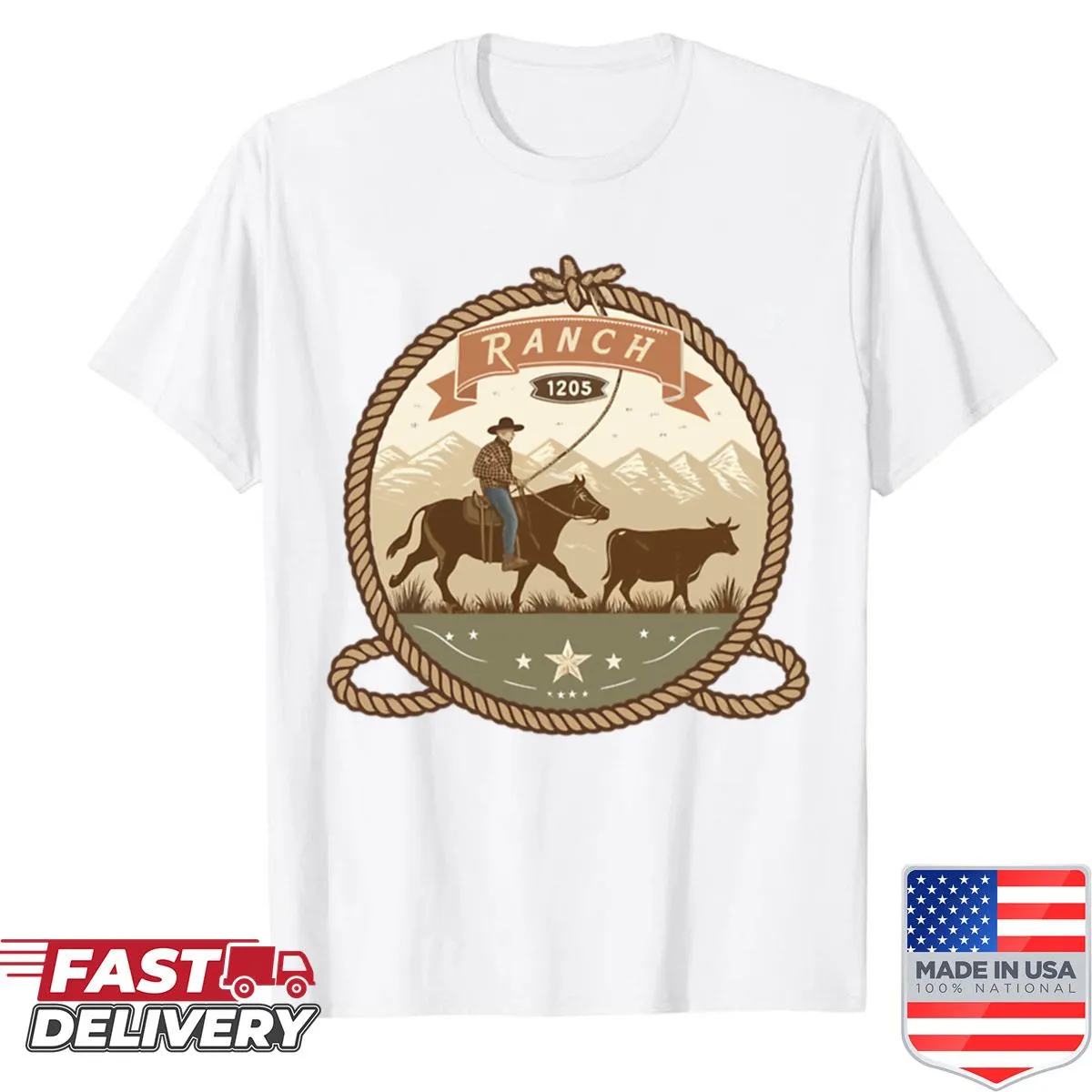 Vintage badge logo of cutting horse on a cowboy rodeo t-shirt