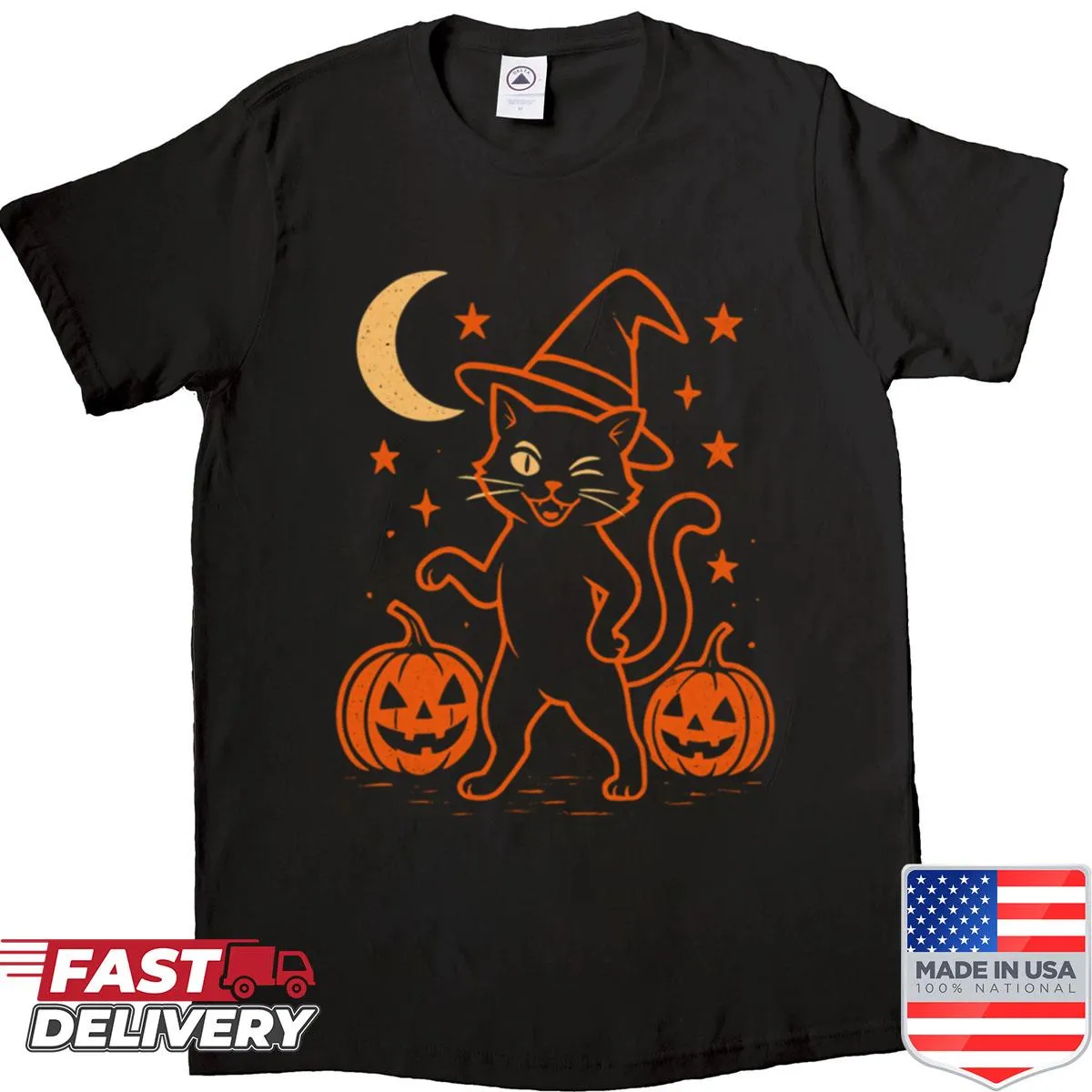 Retro black cat face graphic shirt for Halloween