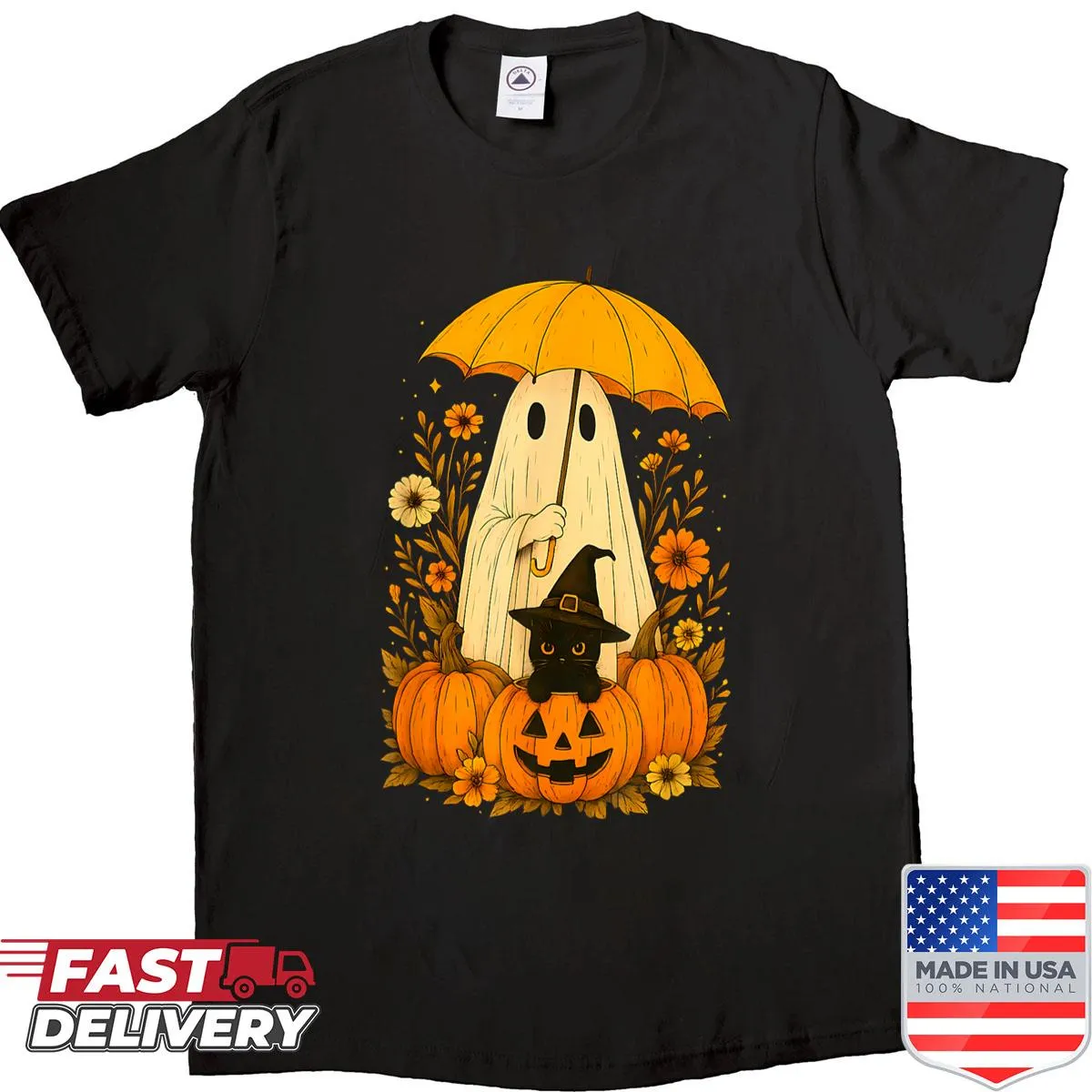 Vintage-inspired Halloween T-shirt with a ghost and black cat