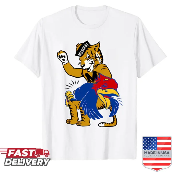 Vintage distressed shirt depicting M-U Tigers vs K-U Jayhawks rivalry