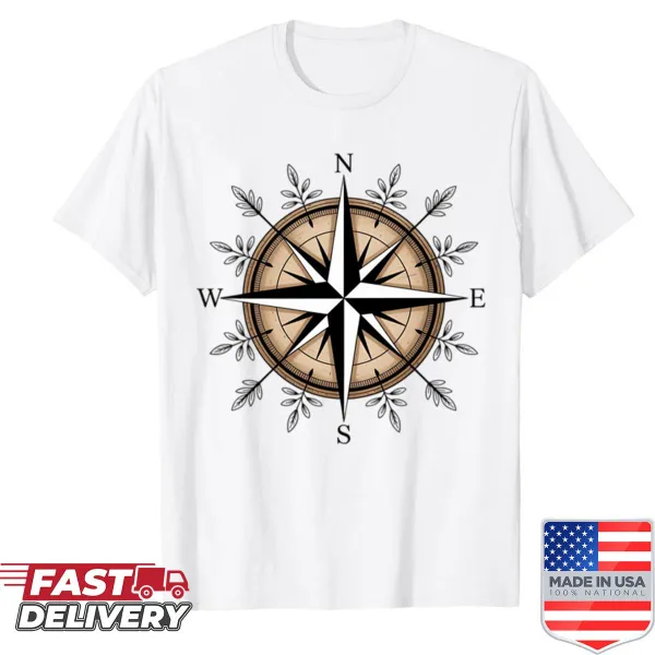 Vintage compass design with cardinal directions on t-shirt
