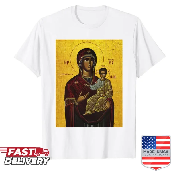 Shirt featuring a serene illustration of the Virgin and Child