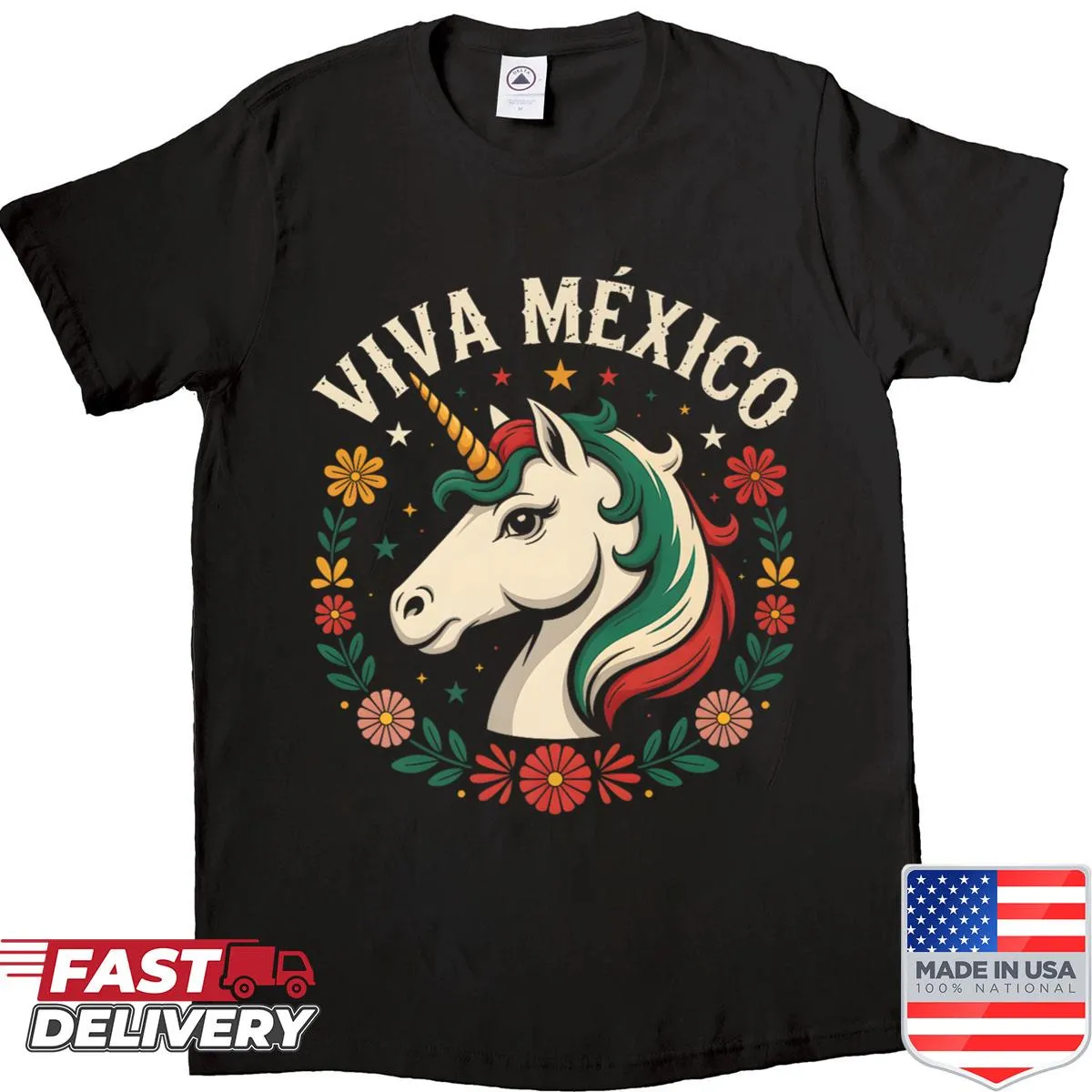 Shirt with a unicorn graphic celebrating Mexican Independence Day.