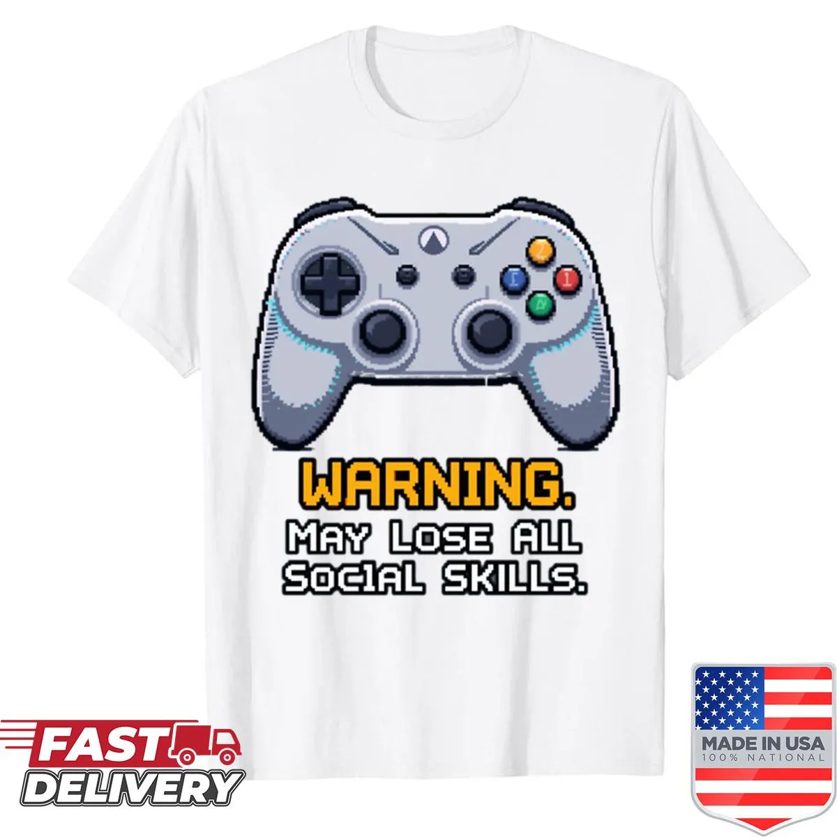 Funny gamer shirt with pixel art and a social skills warning