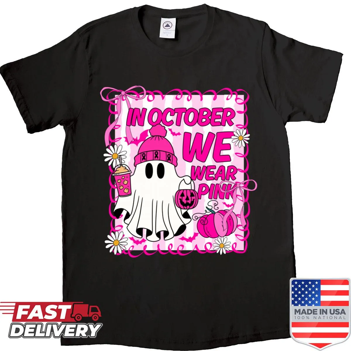 Cute ghost shirt with a pink ribbon for breast cancer awareness
