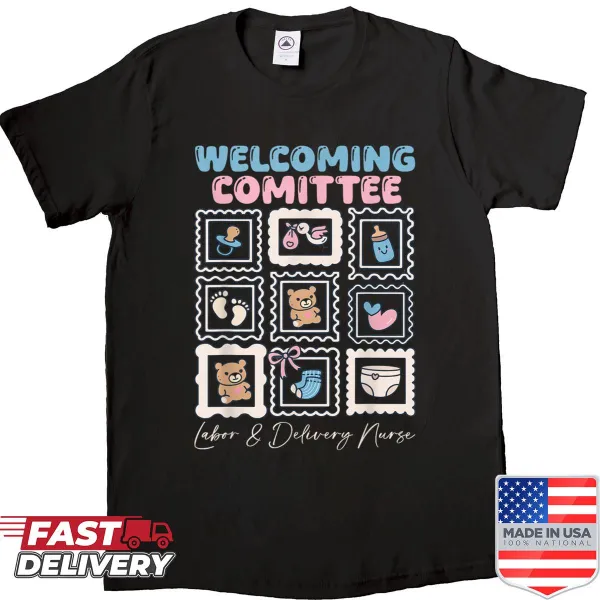 Funny tee shirt for nurses with 'Welcoming Committee' text, honoring their profession.
