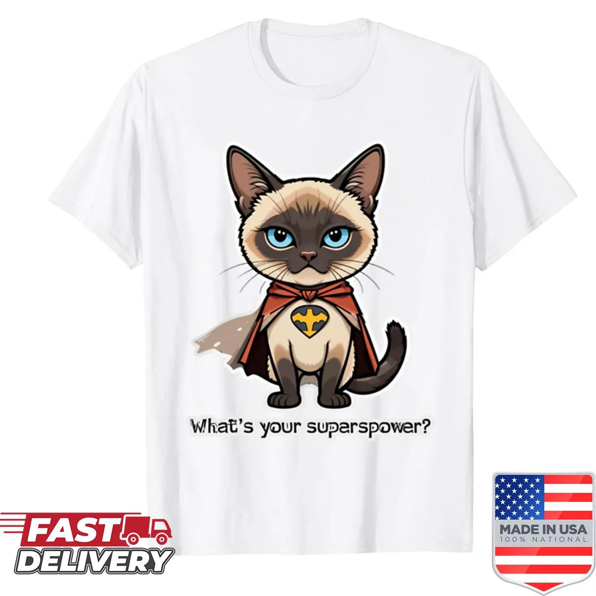Siamese cat superhero design t-shirt