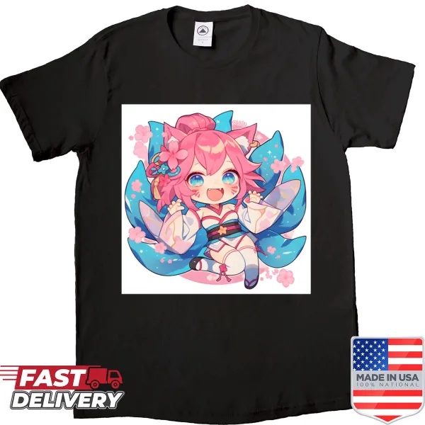 Chibi fox sorceress illustration on a fantasy t-shirt