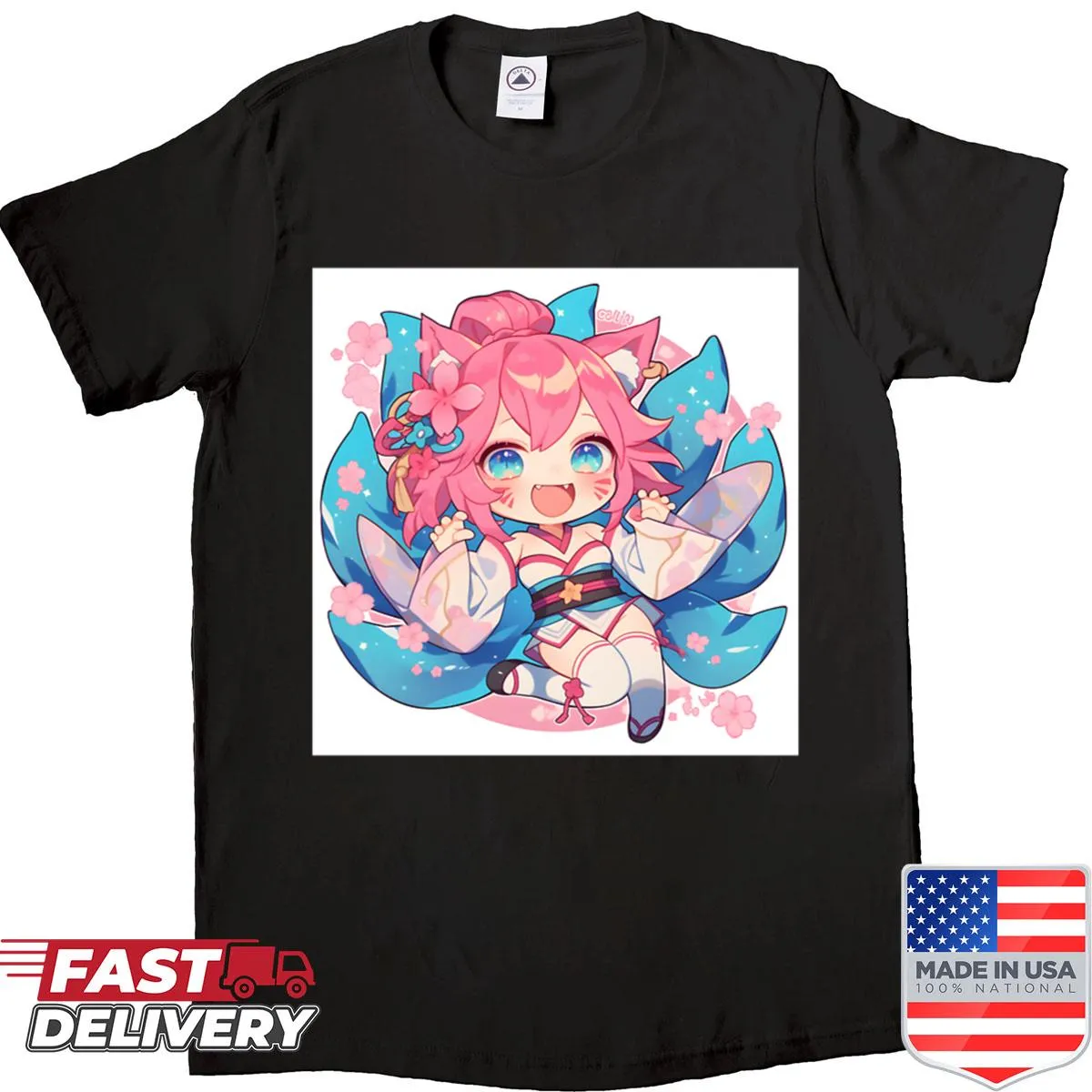 Chibi fox sorceress illustration on a fantasy t-shirt