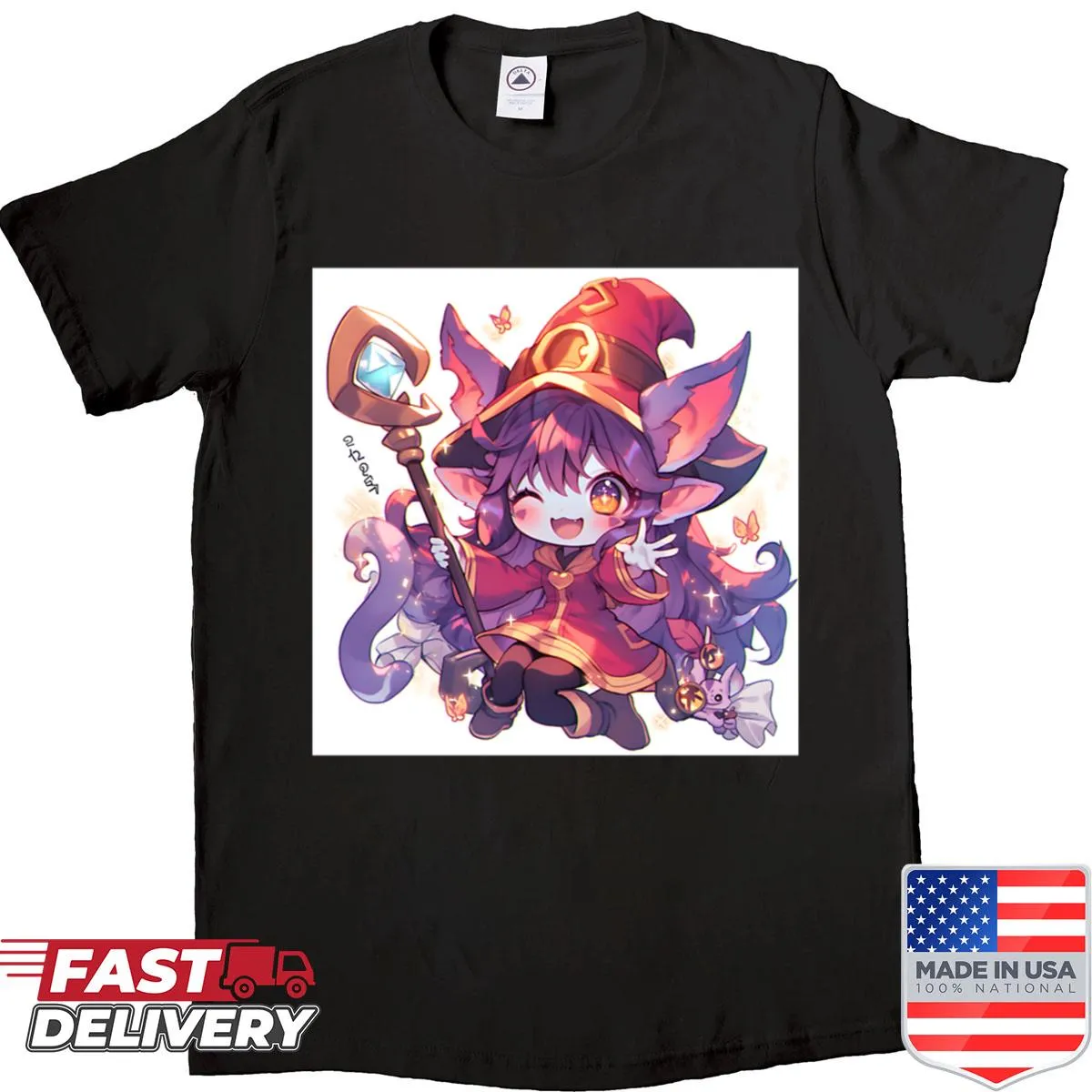 Chibi-inspired whimsical fantasy design on t-shirt