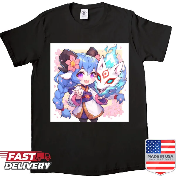 Charming chibi spirit guardians illustration on a whimsical shirt.