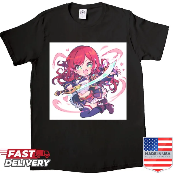 Chibi warrior with swords illustration on a whimsical shirt.