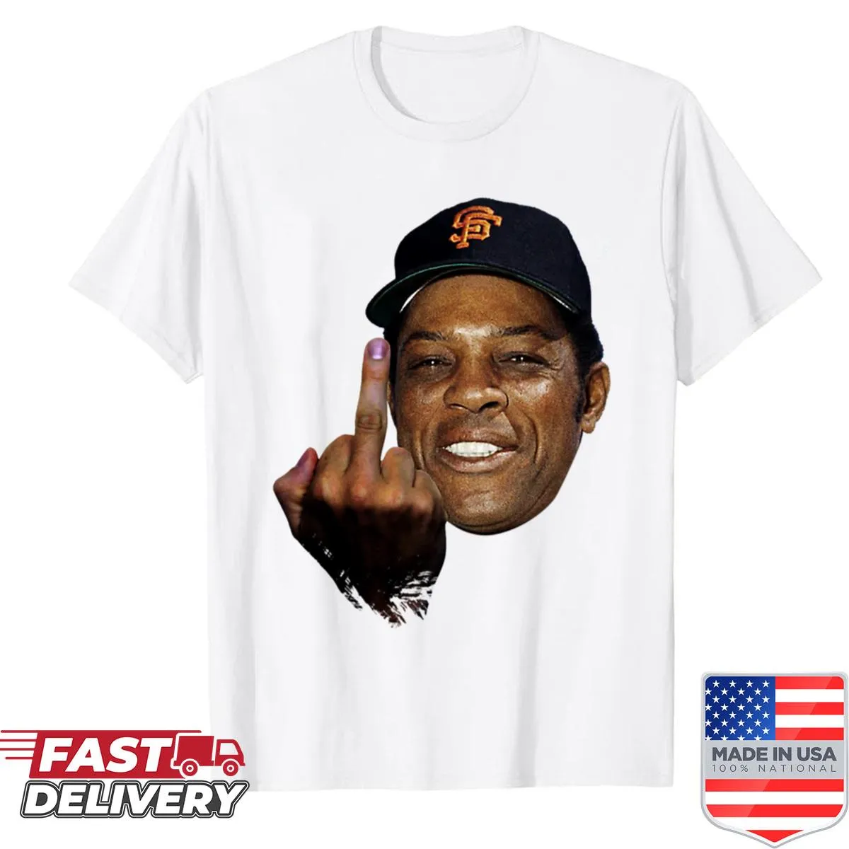 Oversized shirt featuring Willie Mays giving a mid-finger gesture