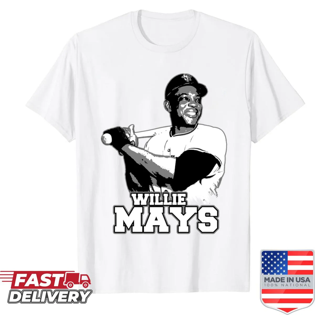 Oversized shirt featuring illustration of baseball legend Willie Mays