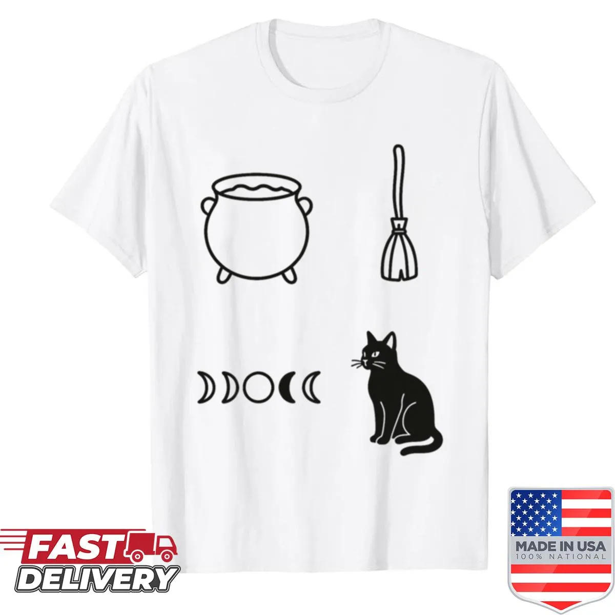 Minimalist design with a black cat and moon phases on a shirt