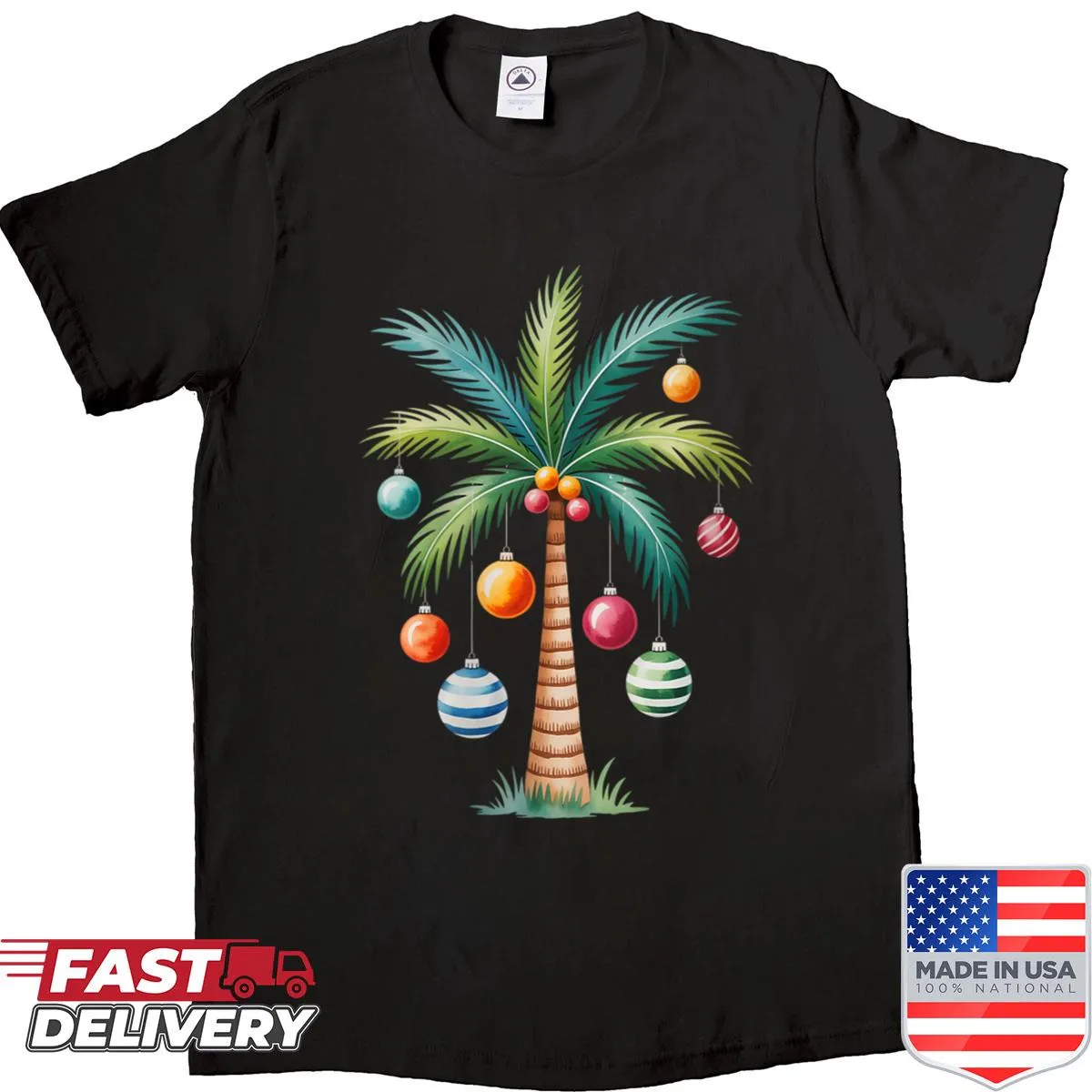 Tropical holiday shirt featuring a palm tree with lights