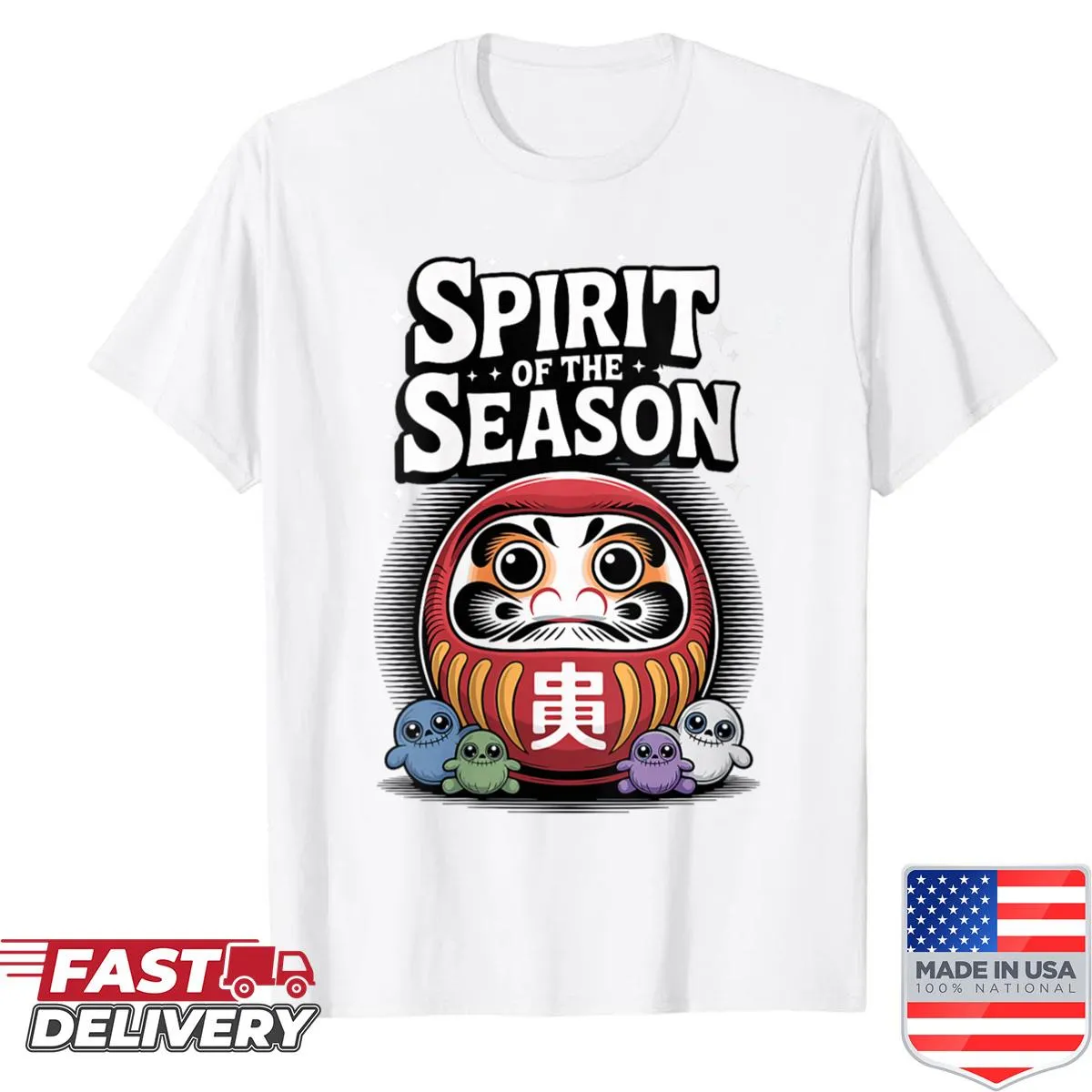Daruma doll with cute plushies design on a women’s shirt