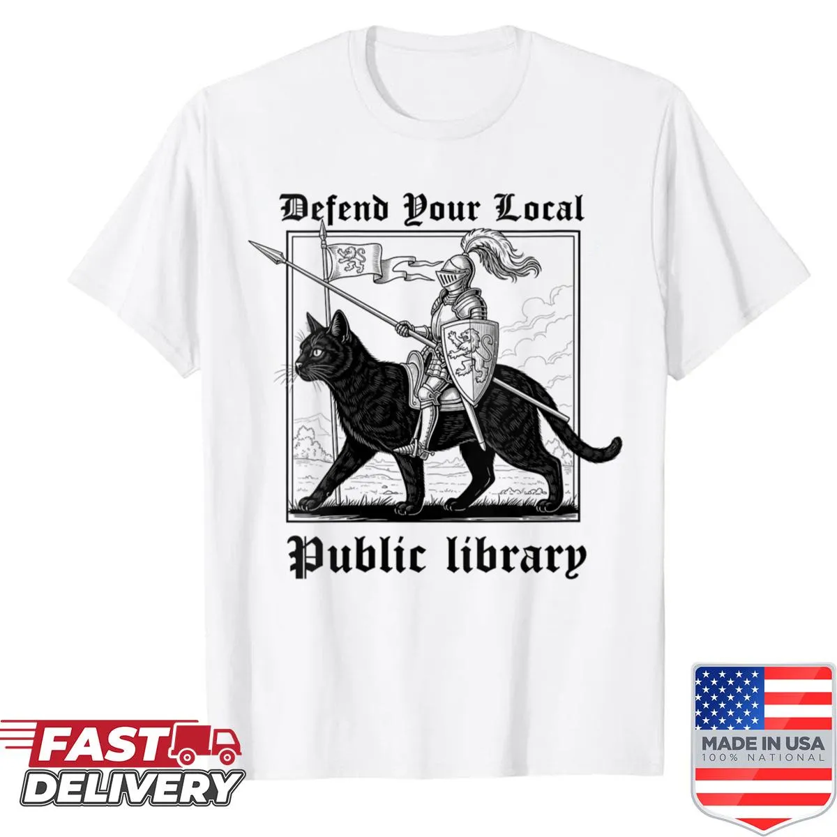 Funny graphic shirt promoting local libraries with a knight and black cat