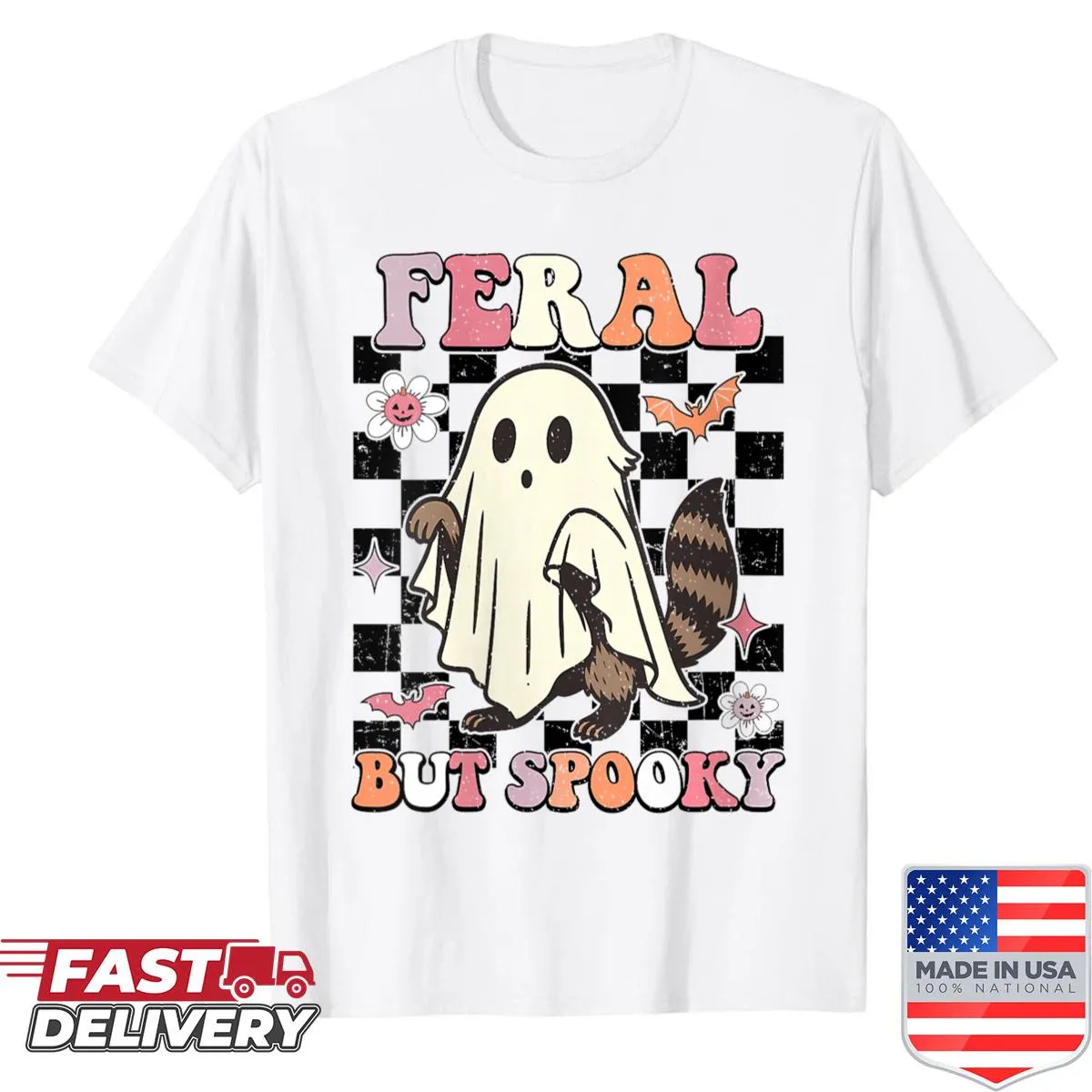 Cartoon raccoon ghost Halloween shirt for women, perfect for Halloween parties.