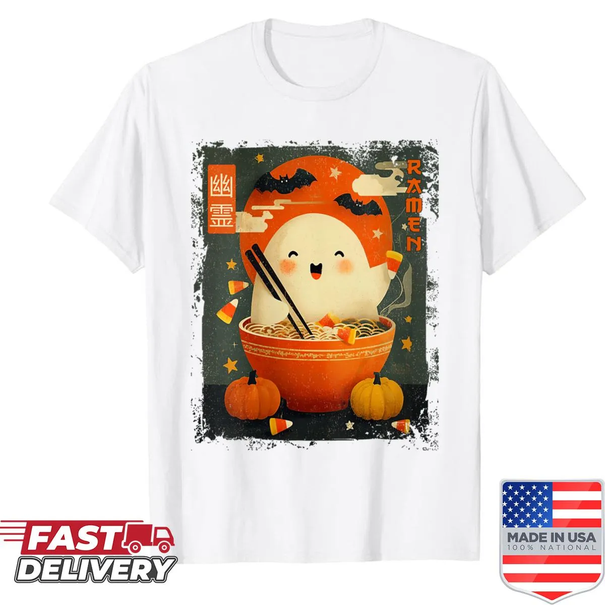 Kawaii shirt featuring a ghost and ramen noodles in anime style
