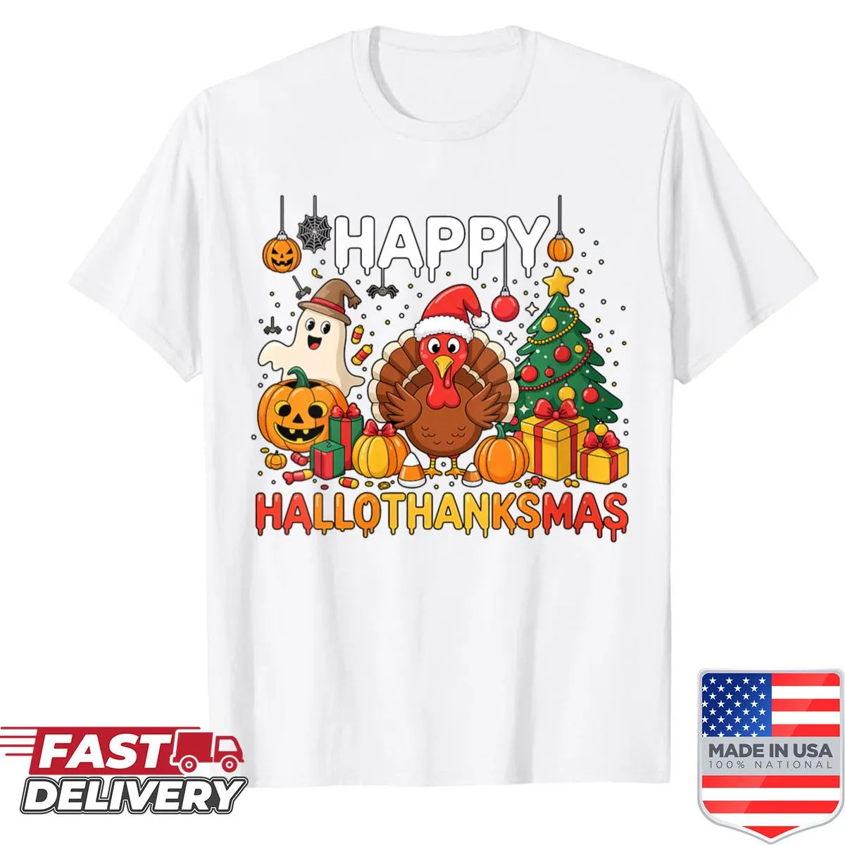 Whimsical holiday shirt for women celebrating Hallothanksmas.