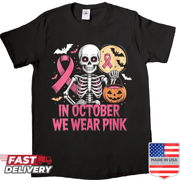 Skeleton graphic with 'In October We Wear Pink' text for Halloween