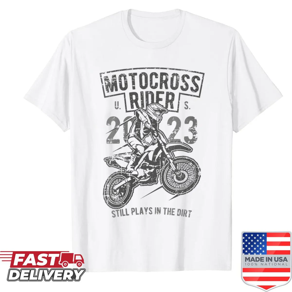Distressed design of a motocross dirt bike on a women’s shirt
