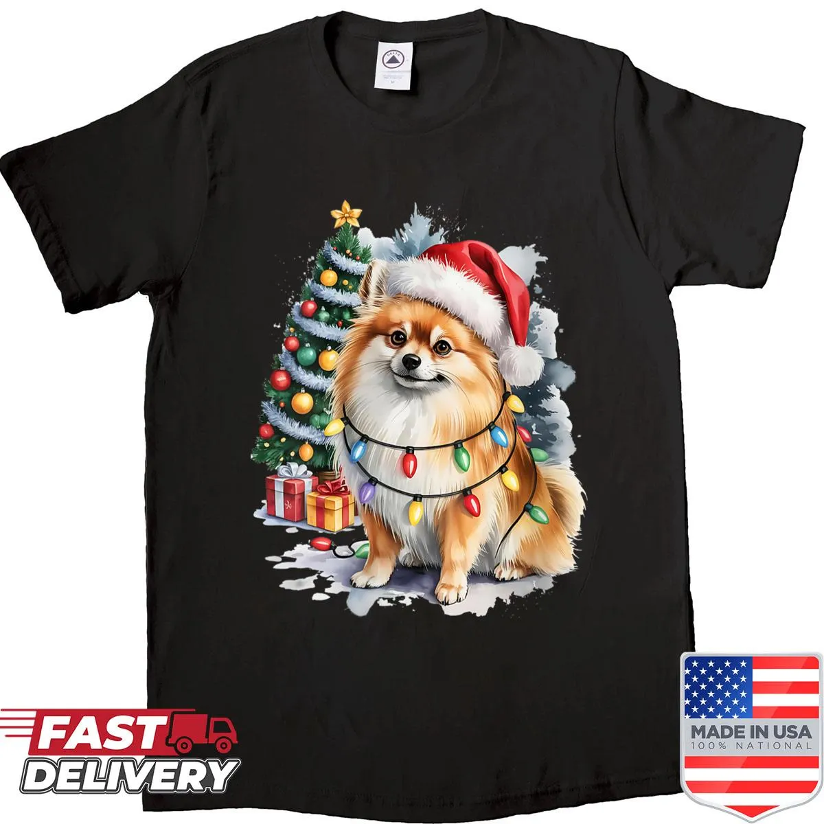 Pomeranian in Santa hat with lights illustration on holiday shirt