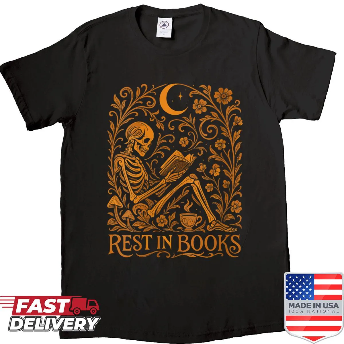 Skeleton reading a book design on a spooky aesthetic shirt.