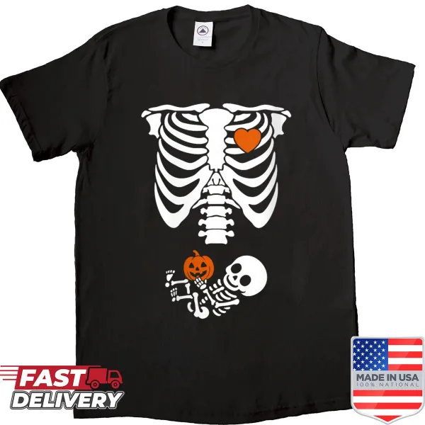Halloween shirt featuring a skeleton with a baby pumpkin design