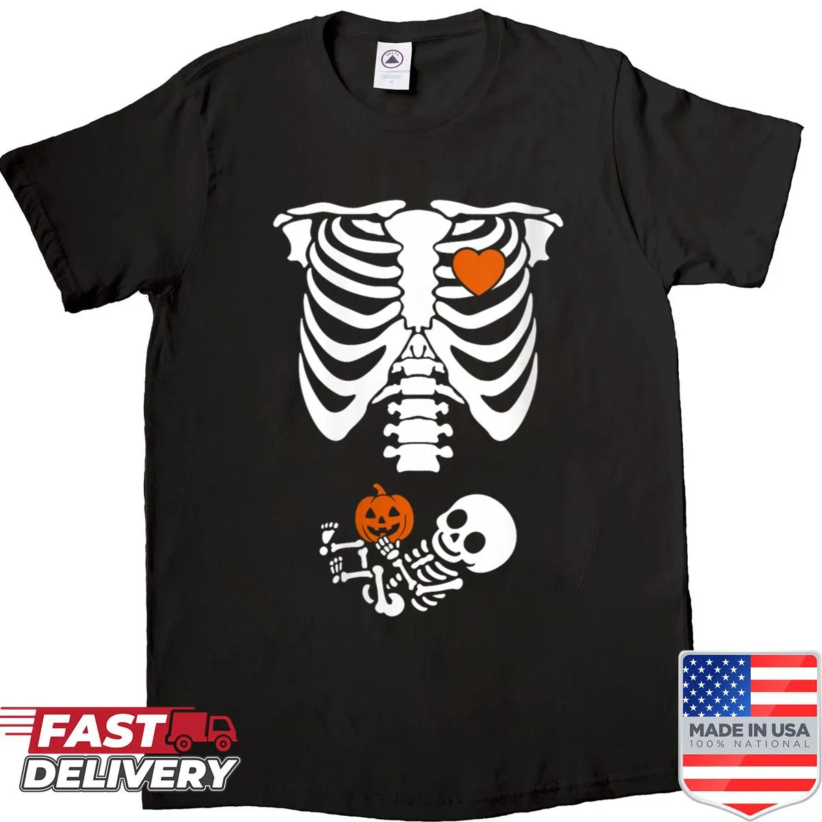Halloween shirt featuring a skeleton with a baby pumpkin design
