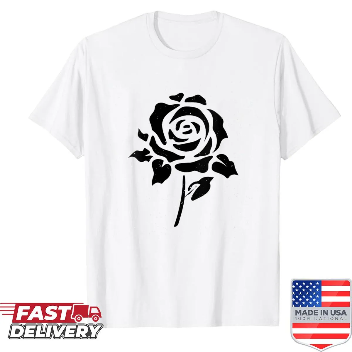 Vintage-inspired shirt featuring a black flower rose illustration