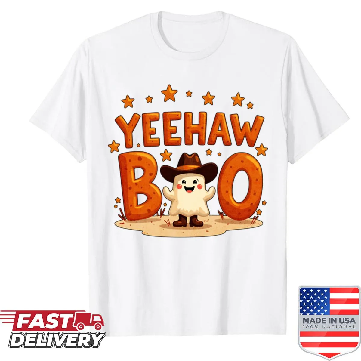 Cute cowboy ghost graphic on a Halloween T-shirt