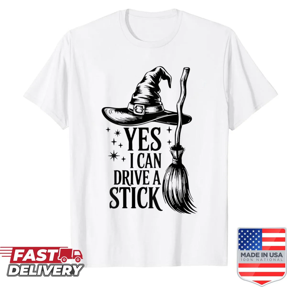 Funny graphic with witch hat and broom on back of the shirt