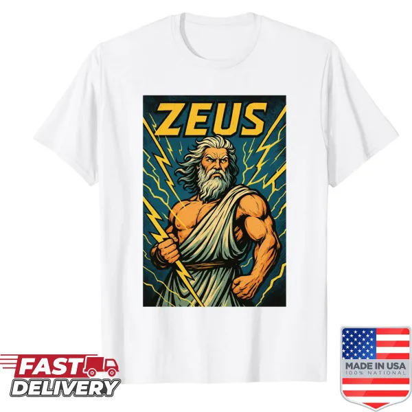 Illustration of Zeus, the Greek god, on a t-shirt.