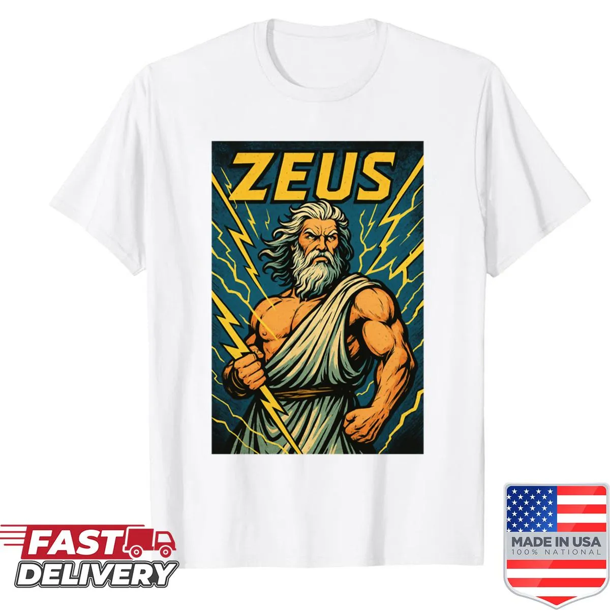 Illustration of Zeus, the Greek god, on a t-shirt.