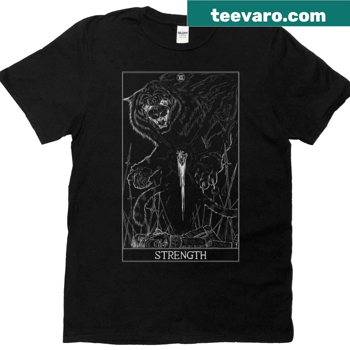 Bold illustration of Strength card from Major Arcana on T-shirt — on a men's t-shirt