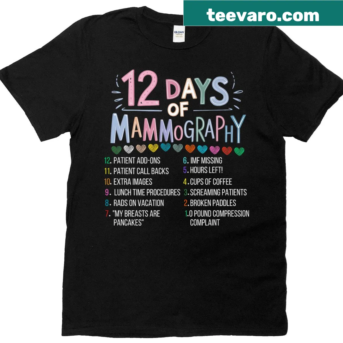 Humorous T-shirt with '12 Days Of Mammography' text — on a men's t-shirt