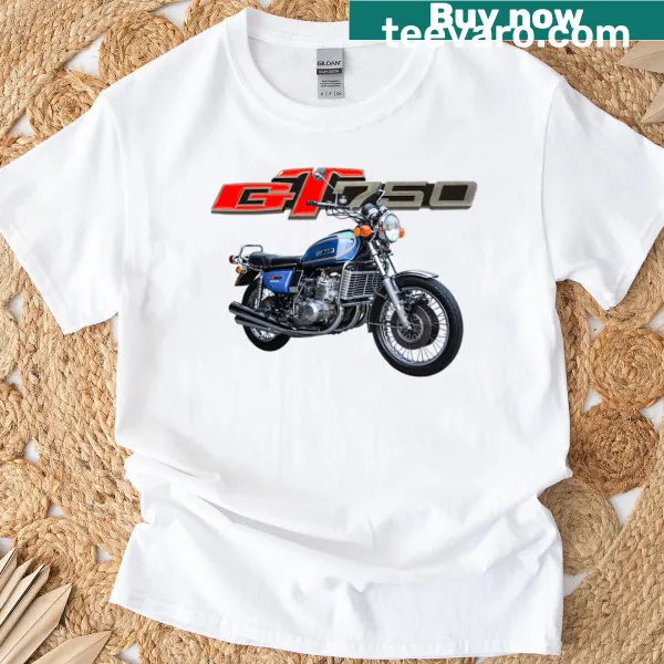 Vintage graphic of 1976 Suzuki GT750 on T-shirt