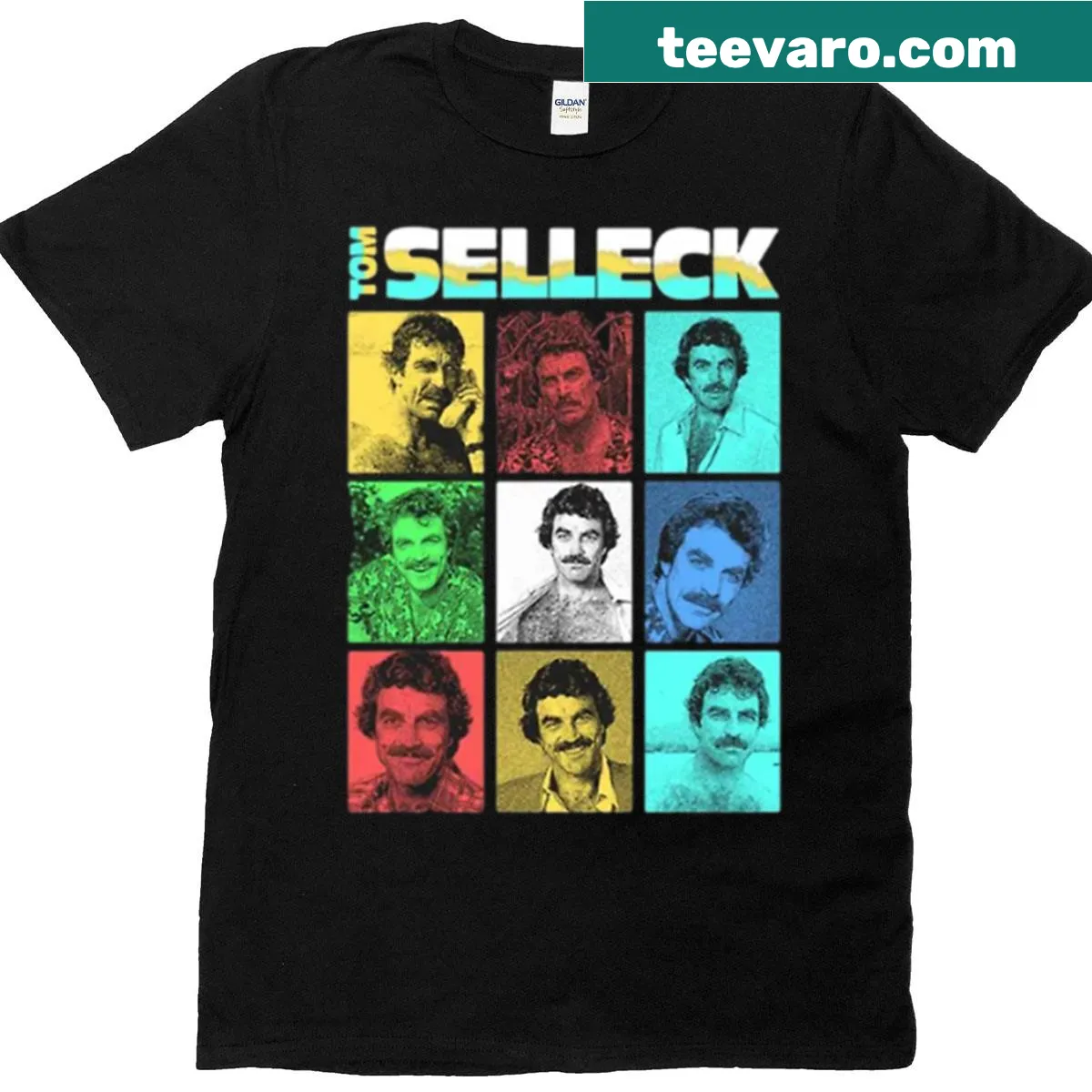 Vintage-style T-shirt featuring Tom Selleck portrait — on a men's t-shirt