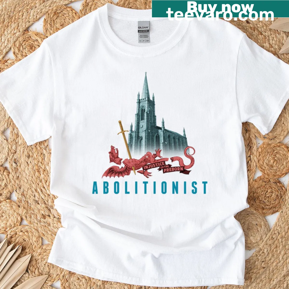 Illustration of a dragon slaying scene on a t-shirt — on a men's t-shirt