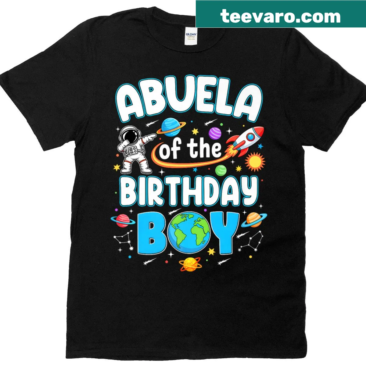 Astronaut-themed shirt for Abuela of the birthday boy featuring planets and text — on a men's t-shirt