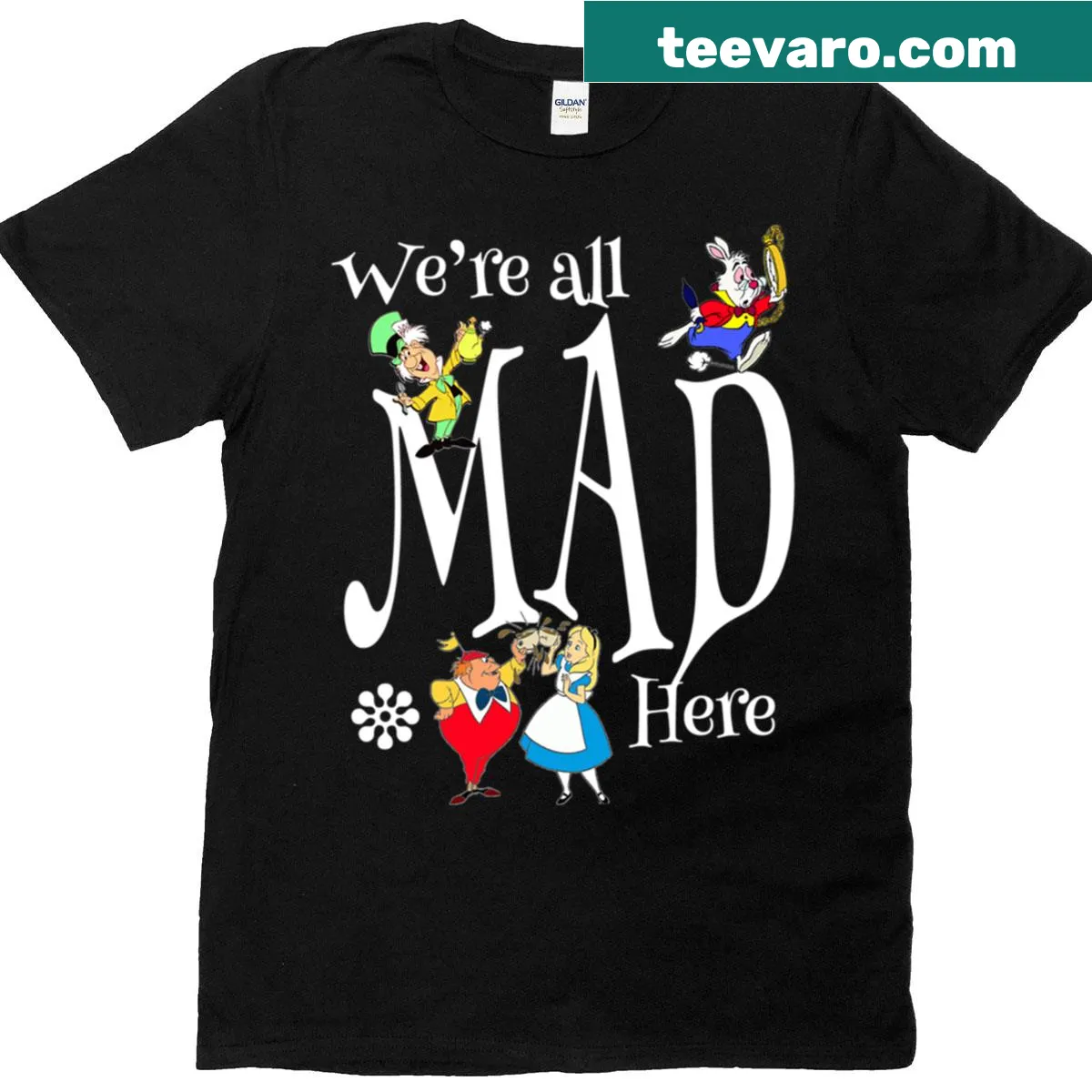 Whimsical Alice in Wonderland Mad Hatter t-shirt design — on a men's t-shirt