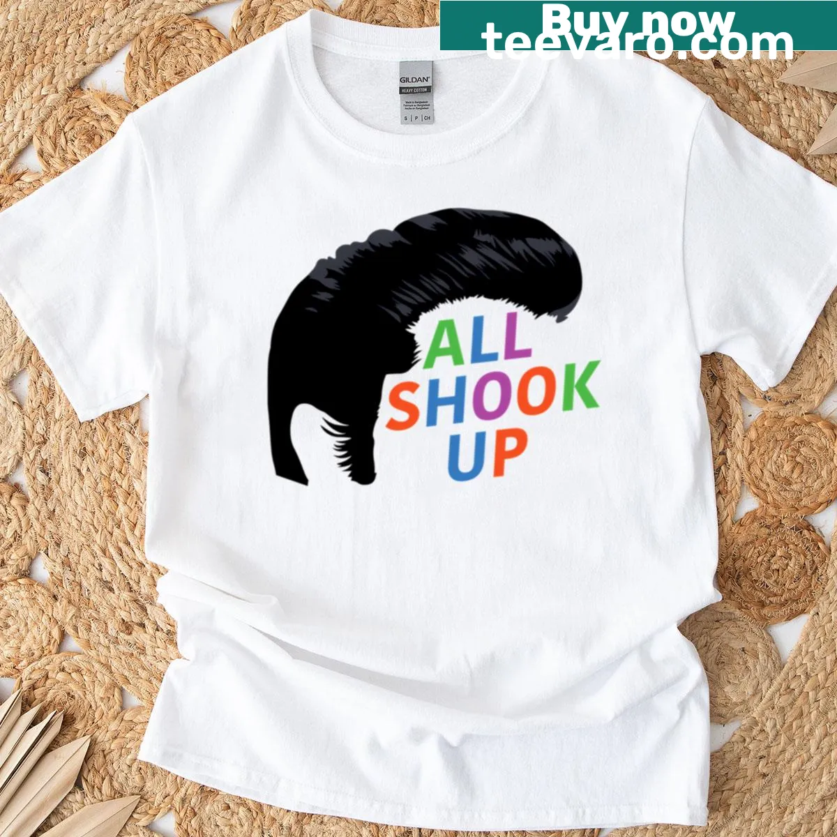 Vintage style All Shook Up t-shirt with bold retro text — on a men's t-shirt