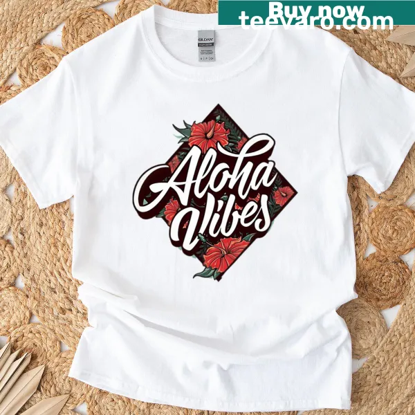 Aloha Vibes text design on a casual t-shirt