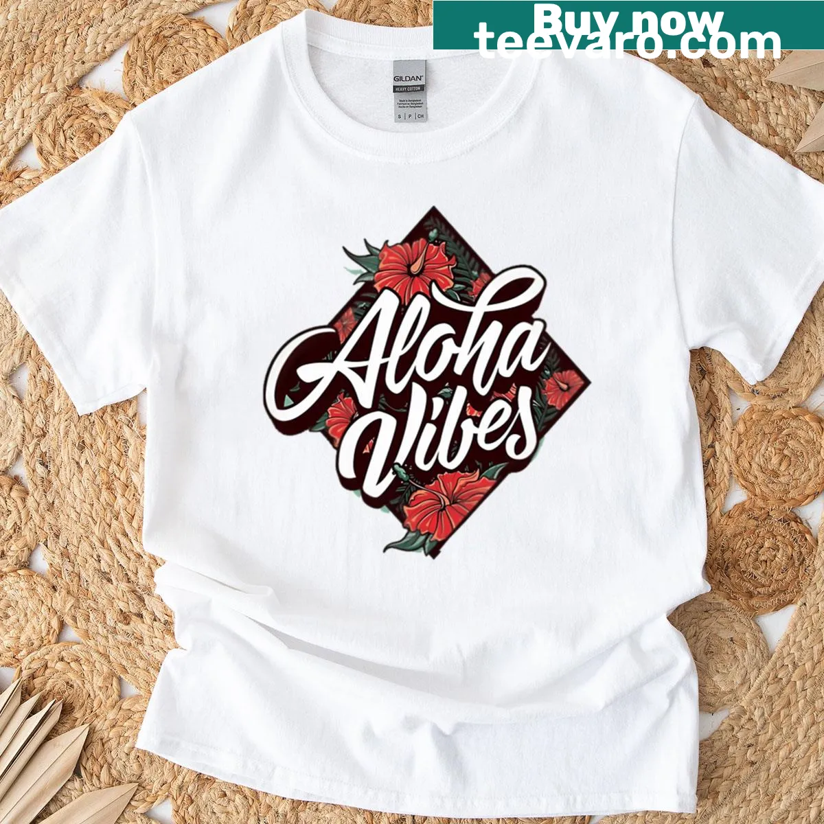 Aloha Vibes text design on a casual t-shirt — on a men's t-shirt