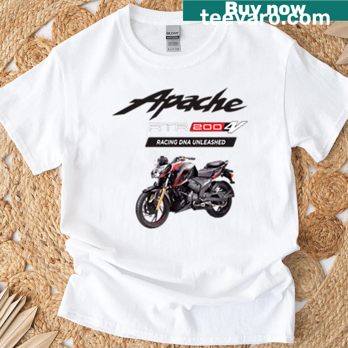 Illustrative Apache RTR 200 4V motorcycle T-shirt — on a men's t-shirt