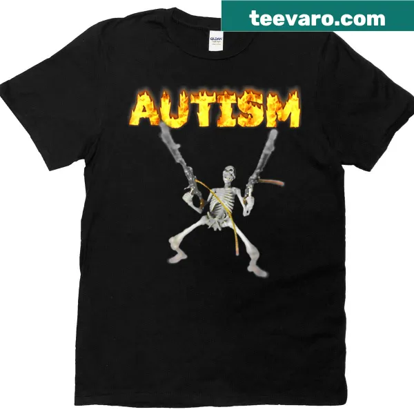 Skeleton graphic with humorous text related to autism on a t-shirt